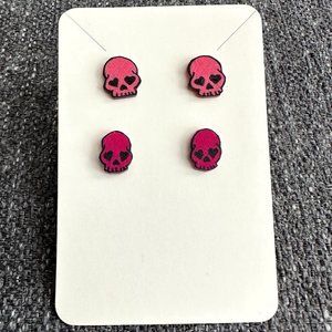Set of 2 Skull Stud Earrings - Pink